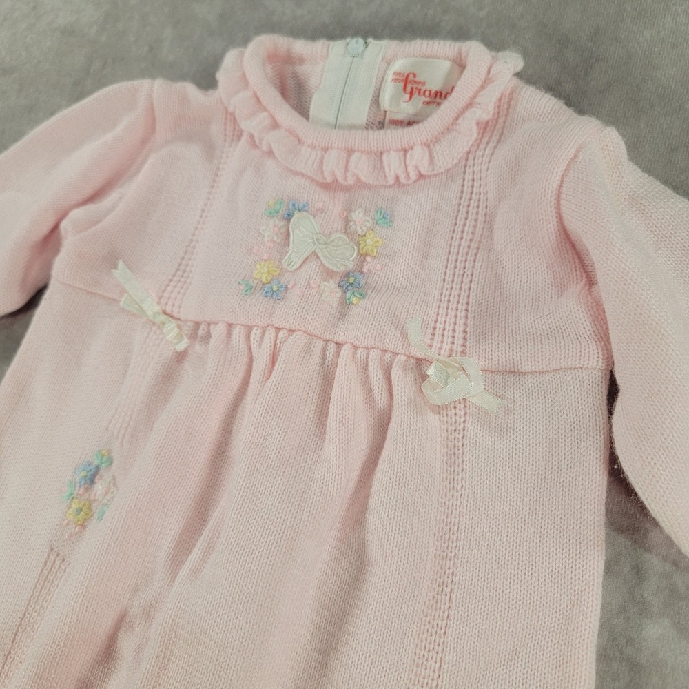 Vintage Grand Knitwear Pink Knit Footed Coverall Floral Bow Embroidery Infant
